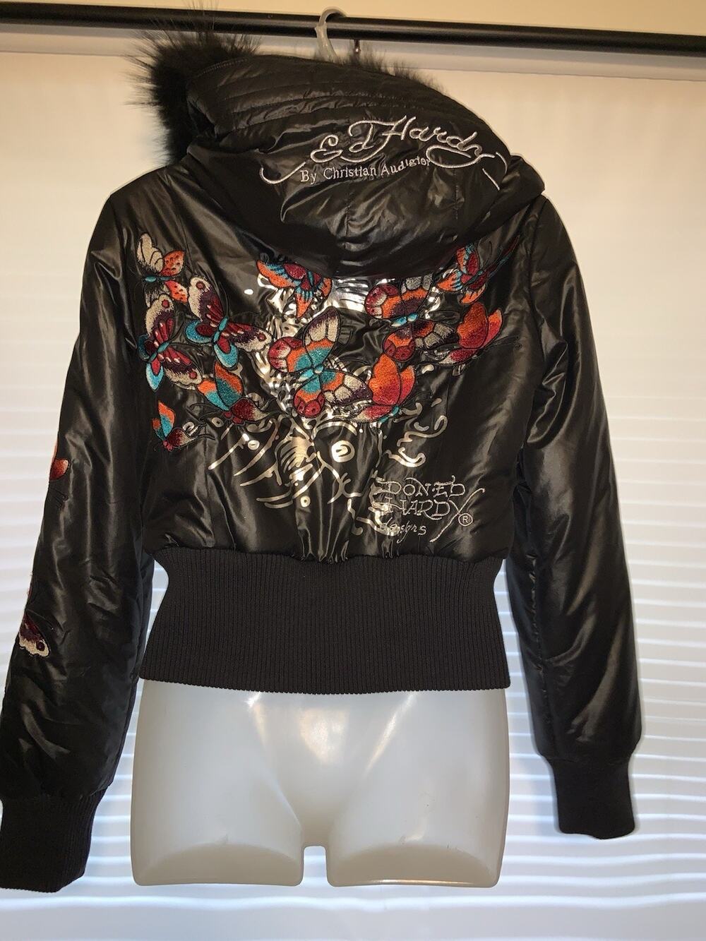 Ed Hardy by Christian Audigier women's cropped jacket size Small fur trim